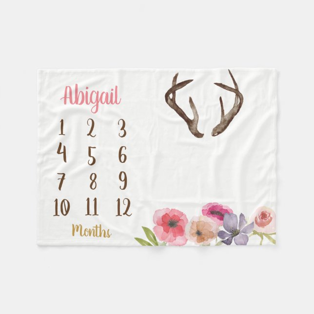 Boho Antler Baby Milestone Monthly Baby Blanket Fleecedecke (Vorderseite (Horizontal))
