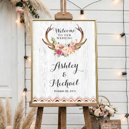 Boho Antler Floral Rustic White Wood Wedding Sign Poster