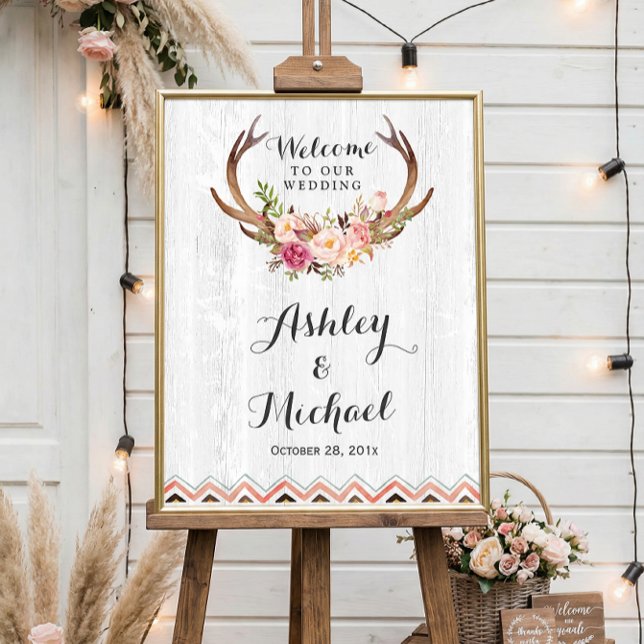 Boho Antler Floral Rustic White Wood Wedding Sign Poster (Von Creator hochgeladen)