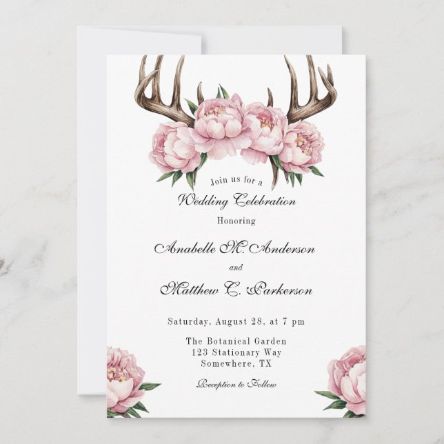 Boho Antler mit Pink Peonies Hochzeitsfeier Einladung (Vorderseite)