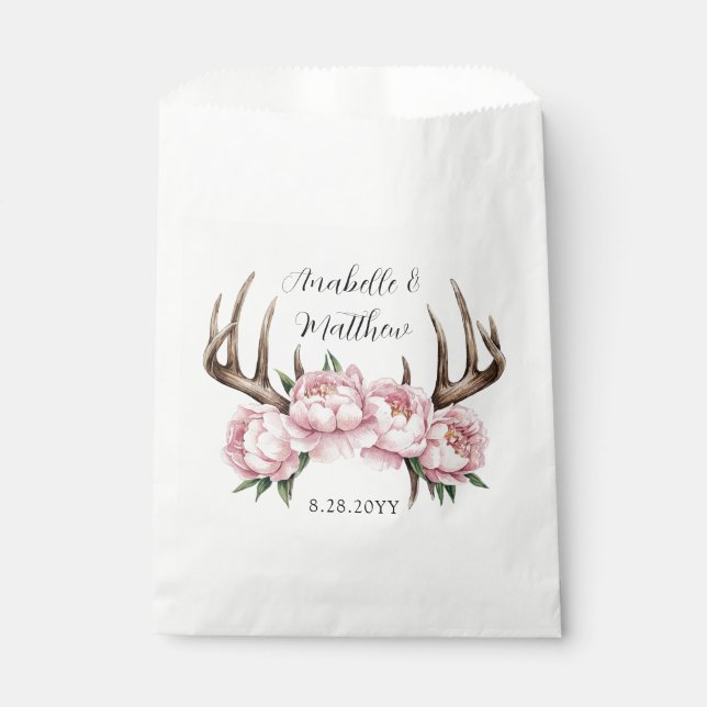 Boho Antler mit Pink Peonies Wedding Geschenktütchen (Vorderseite)