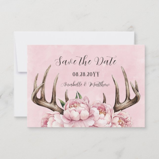 Boho Antler mit Pink Peonies Wedding Save The Date (Vorderseite)
