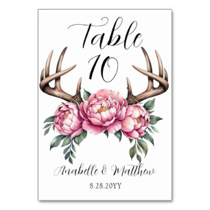 Boho Antler mit Pink Peonies Wedding Tischnummer