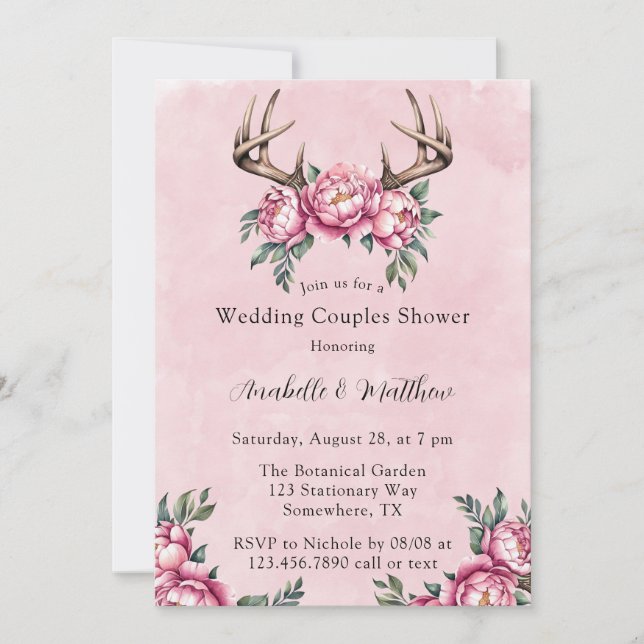 Boho Antler Pink Peonies Wedding Couples Dusche Einladung (Vorderseite)