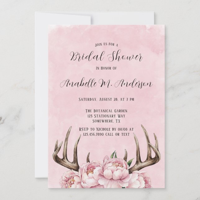 Boho Antler und Pink Peonies Brautparty Einladung (Vorderseite)