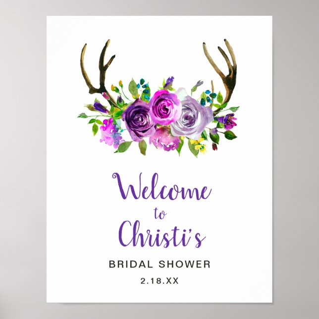 Boho Antlers Floral Brautparty Begrüßungszeichen Poster (Vorne)