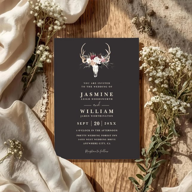 Boho Antlers Floral Rustic Elegant QR Code Wedding Einladung (Von Creator hochgeladen)