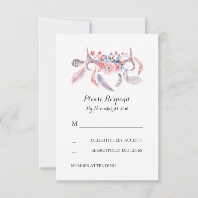 Boho antlers Hochzeit rsvp Karte (Vorderseite)