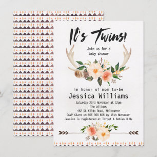 Boho Antlers Twins Baby Shower Einladung