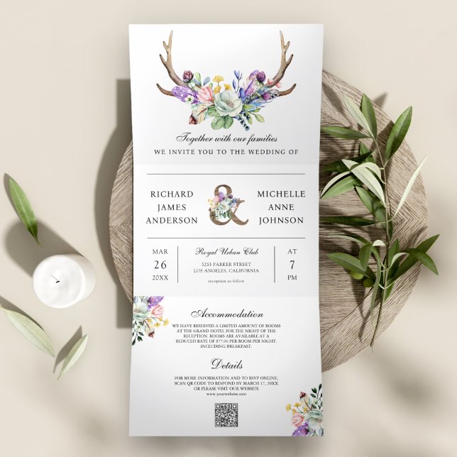 Boho Antlers Wildblume Floral QR Code Hochzeit Dreifach Gefaltete Einladung (Von Creator hochgeladen)