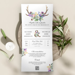 Boho Antlers Wildblume Floral QR Code Hochzeit Dreifach Gefaltete Einladung