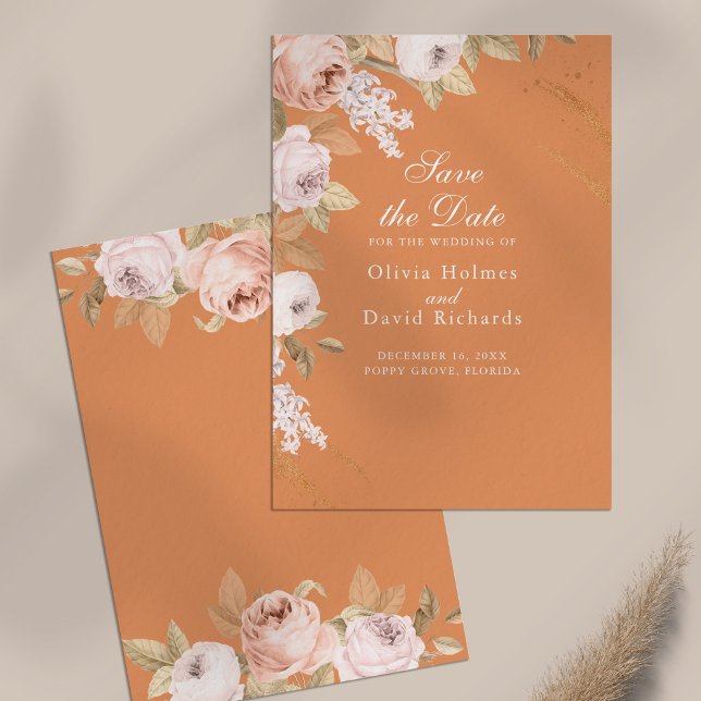 Boho Apricot Peonies Save the Date Card (Boho Apricot Peonies Save the Date Card on neutral table)
