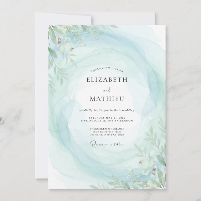 Boho Aqua Minz-Blumenhochzeit Einladung (Vorderseite)