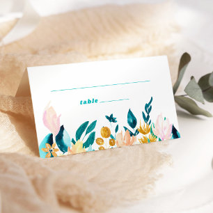 Boho Aquamarin Blue and Gold Watercolor Floral Wed Platzkarte