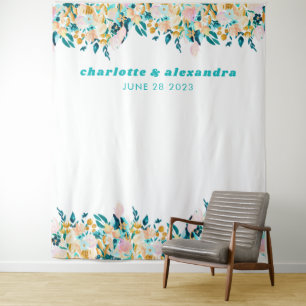 Boho Aquamarin Blue and Gold Watercolor Floral Wed Wandteppich