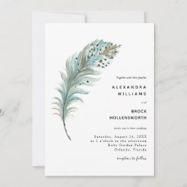 Boho Aquamarin Blue Feather Minimal Wedding Einladung