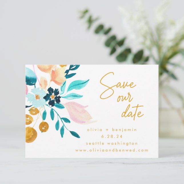 Boho Aquamarin Blue Floral Hand gemalt Romantik Save The Date (Stehend Vorderseite)