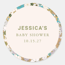 Boho Aquamarin Brown Floral Niedlich Baby Dusche C Runder Aufkleber