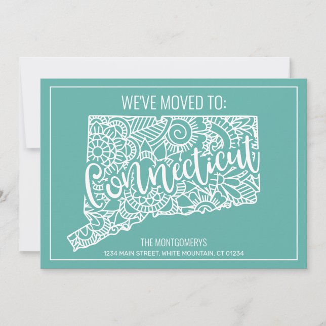 Boho Aquamarin Floral Connecticut Staat Moving Ankündigung (Vorderseite)