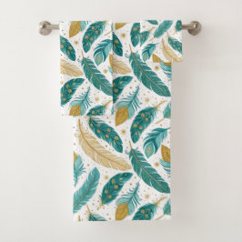 Boho Aquamarin und Gold Feathers Badhandtuch Set
