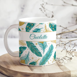 Boho Aquamarin und Gold Feathers Script Name Kaffeetasse