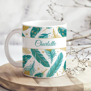 Boho Aquamarin und Gold Feathers Script Name Kaffeetasse