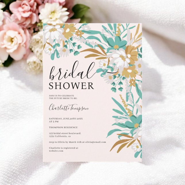 Boho Aquamarin und Gold Floral Romantisches Brautp Einladung (Boho Teal and Gold Floral Romantic Bridal Shower Invitation)