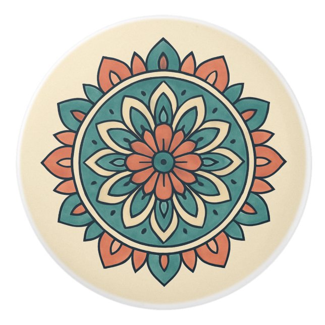 Boho Aquamarin und warme Korallen Moderne Mandala  Keramikknauf (Vorderseite)