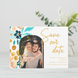 Boho Aquamarin Watercolor Blume Foto Hochzeit Save The Date