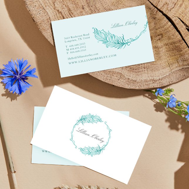 Boho Aquamarin Watercolor Blumenzather Wappen Wrea Visitenkarte (Boho Teal Watercolor Floral Feather Crest Wreath Business Card)