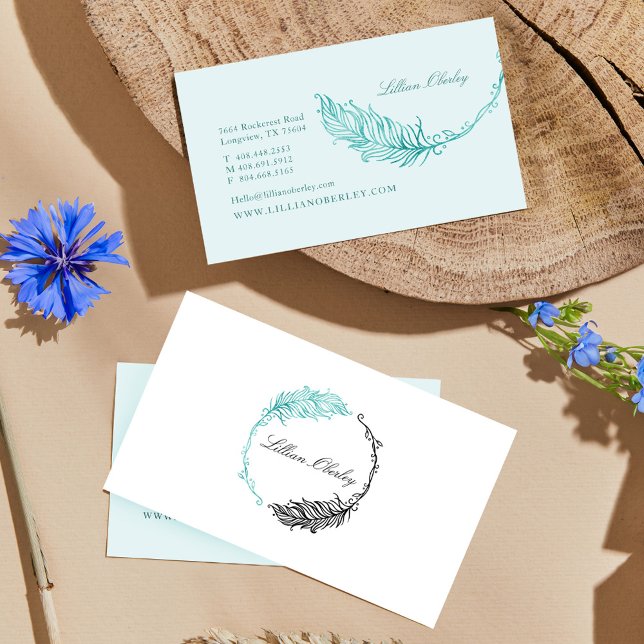 Boho Aquamarin Watercolor Blumenzather Wappen Wrea Visitenkarte (Boho Teal Watercolor Floral Feather Crest Wreath Business Card)