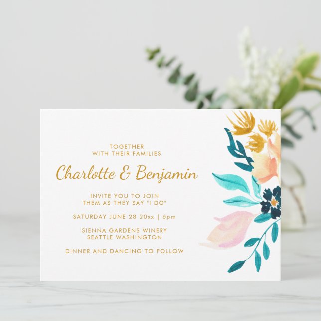 Boho Aquamarine und Gold Watercolor Blume Hochzeit Einladung (Stehend Vorderseite)