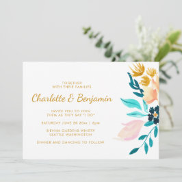 Boho Aquamarine und Gold Watercolor Blume Hochzeit Einladung