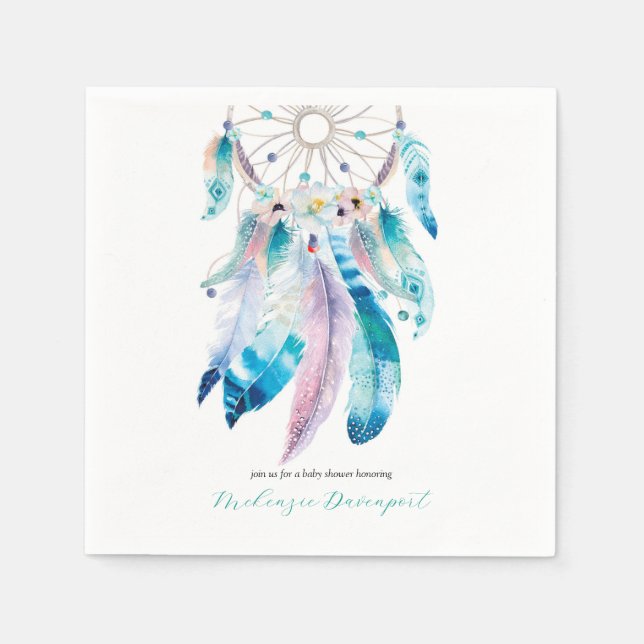 Boho Aquamarine und Lila Dreamcatcher Babydusche Serviette (Vorderseite)