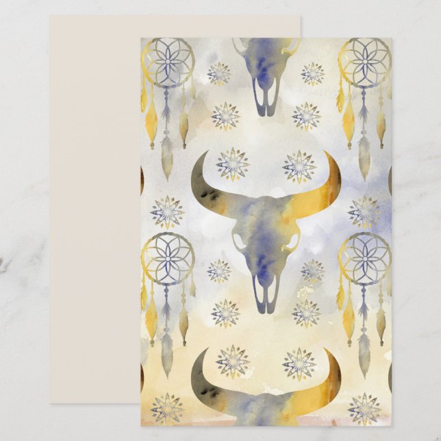 Boho Aquarell abstrakter Vintager Bullenhintergrun (Vorne/Hinten)