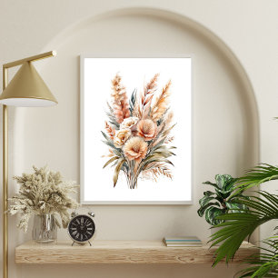 Boho-Aquarell-Beige-Crem-Braun-Botanisch-Blumenmus Poster
