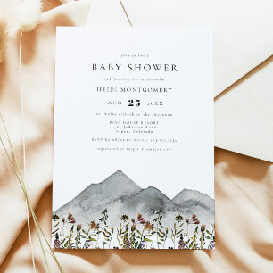 Boho-Aquarell-Berg-Wildblumen-Baby-Shower Einladung