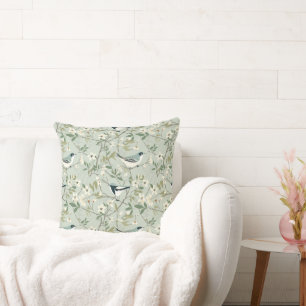 Boho-Aquarell-Blumen in Salbei und Creme-Vögel Kissen