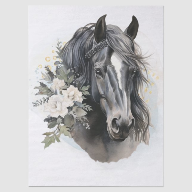 Boho-Aquarell-Blumen Schwarz Pferd Seidenpapier (Vorderseite)