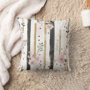 Boho-Aquarell-Blumen Streifen Gold Pink Schwarz Kissen