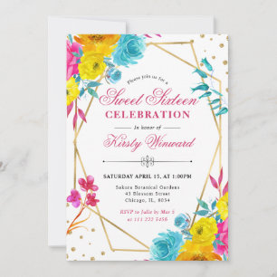 Boho-Aquarell-Frühlingsblumenrahmen Sweet 16 Einladung