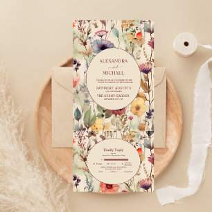 Boho-Aquarell-Gedämpfte-Töne-Wildblumen-Hochzeit All In One Einladung