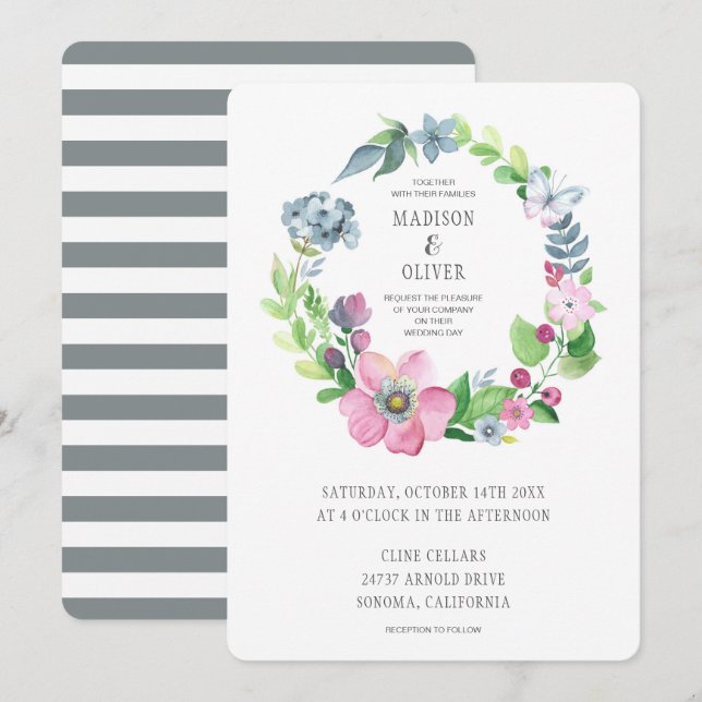 Boho Aquarell mit Blumen u. Schmetterling Wedding Einladung (Vorne/Hinten)