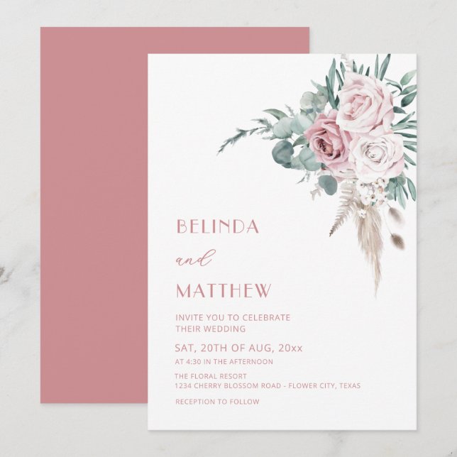 Boho-Aquarell-Rosen Modern  Einladung (Vorne/Hinten)