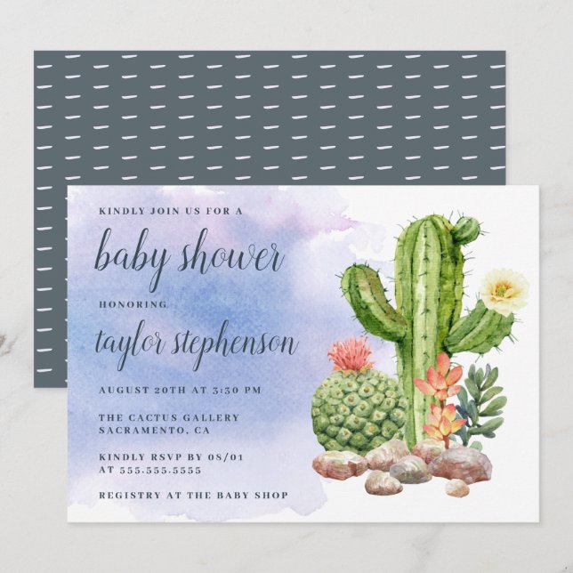 Boho Aquarell-saftige Kaktus-Babyparty Einladung (Vorne/Hinten)