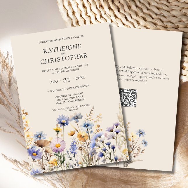 BOHO Aquarell Wildblume Elegante Beige Hochzeit Einladung (BOHO Wildflower Wedding Invitation with Purple, Blue, Yellow Wildflowers on a Beige Background.)