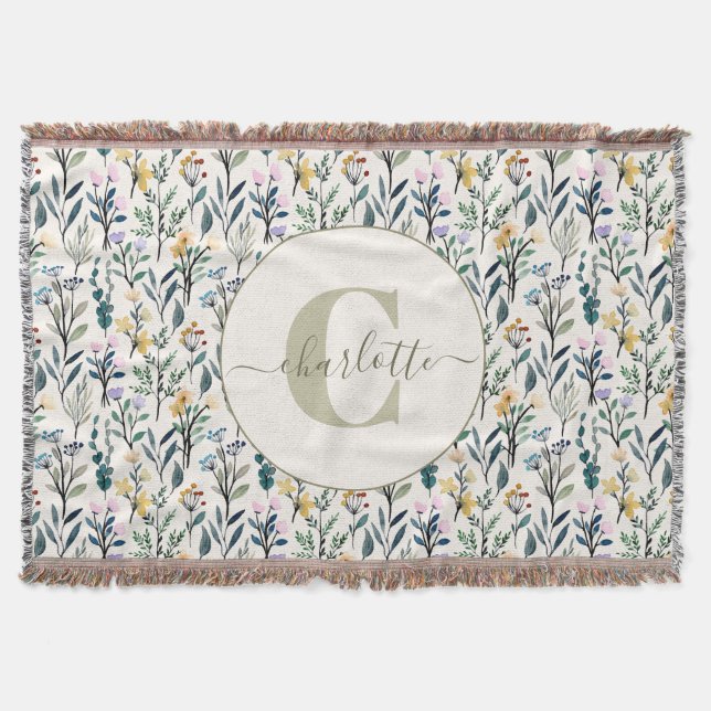 Boho-Aquarell-Wildblumen-Muster-Monogramm-Name  Decke (Vorderseite)