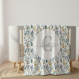 Boho-Aquarell-Wildblumen-Muster-Monogramm-Name Fleecedecke