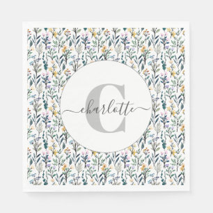 Boho-Aquarell-Wildblumen-Muster-Monogramm-Name Serviette