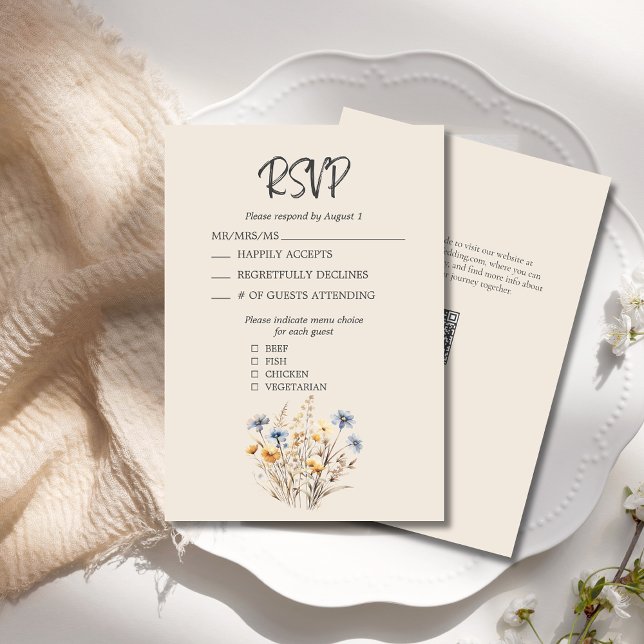 BOHO Aquarellfarben Wildblumen Elegante Beige Hoch RSVP Karte (BOHO Wildflower Wedding RSVP Card with Blue and Yellow Wildflowers, Menu Choices, QR Code. Beige.)